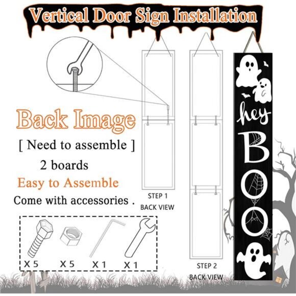Halloween Porch Sign with Cute Ghost and Bats Design Door Hanging Decor Wooden - Picture 2 of 8